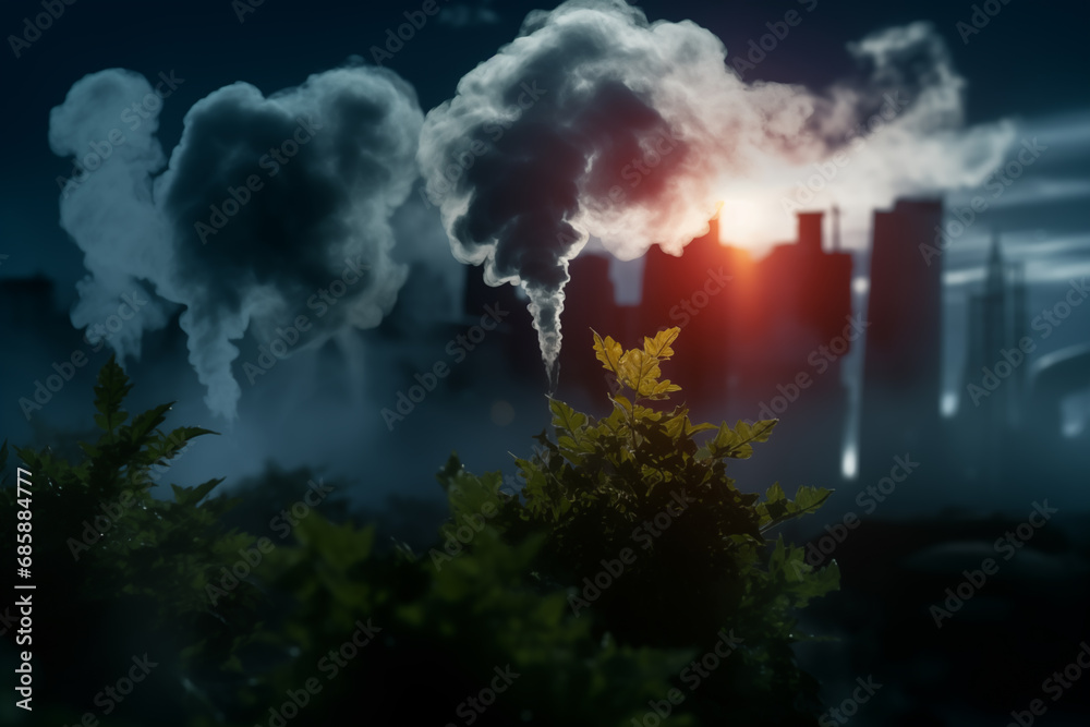 Obraz premium Carbon dioxide emissions. Air Pollution and Climate Change. Smoking chimneys of an industrial plant. Carbon Emissions from Gas Processing Plant. CO2 crisis and human activity. Chemical and Fuels.