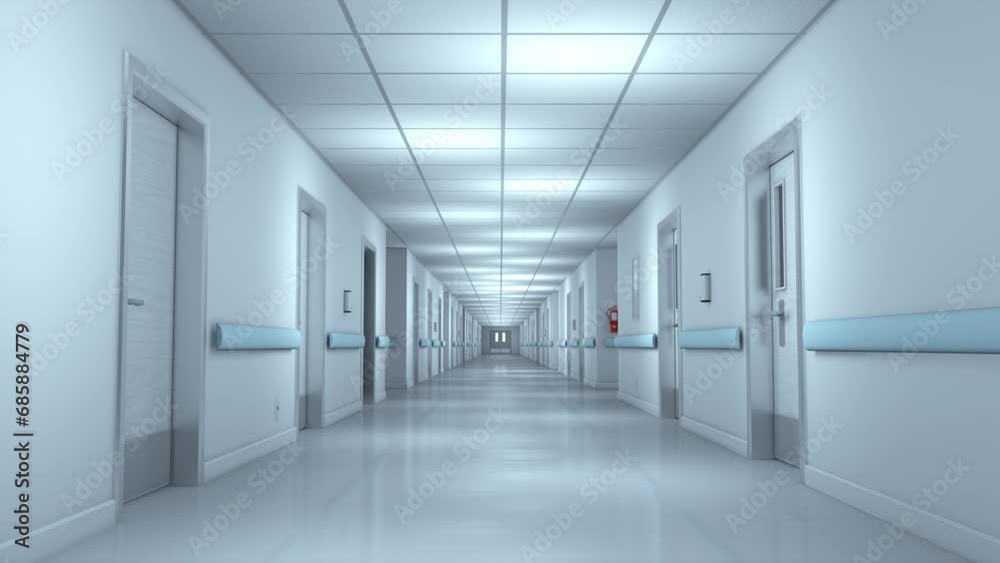 Hospital corridor with lights turning on and off. 3d rendering. Seamless looping. Hospital corridor with lights turning on and off. 3d rendering. Seamless looping.