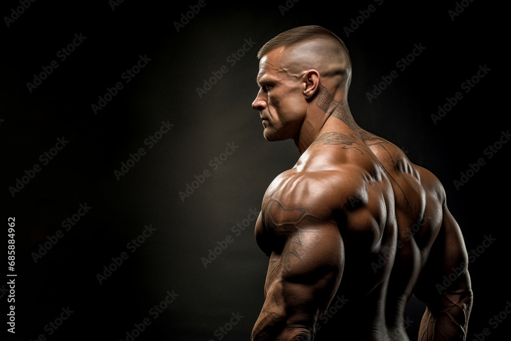 Muscular bodybuilder on a black background. Relief and muscles Muscular bodybuilder on a black background. Relief and muscles