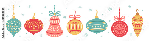 Set of colorful Christmas balls and decorations. Vector flat cartoon illustration on white background.