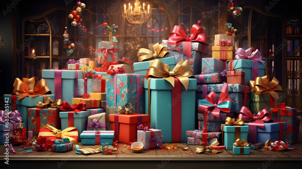 an enchanting scene of gift wrapping with colorful paper, ribbons, and bows, capturing the artistry and joy of preparing presents during the holiday season, perfectly suited for 16:9 widescreen deskto