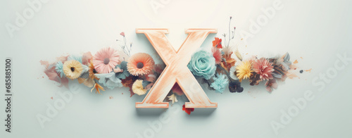 capital letter X Spring card with floral decoration, flowers, blue background, logo  photo