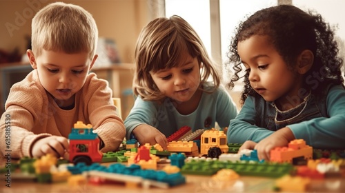Group of kids playing with colorful plastic blocks at the table in kindergarten photo