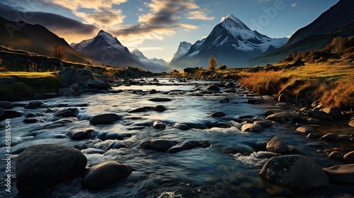 Mountain landscape with a river in the foreground at sunset, Switzerland