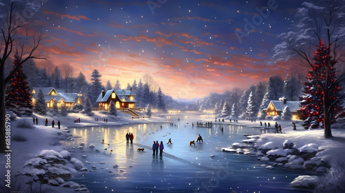 a captivating scene of ice skating on a frozen pond or rink, filled with joyous skaters gliding gracefully, surrounded by winter's beauty, perfectly suited for 16:9 widescreen desktop wallpaper