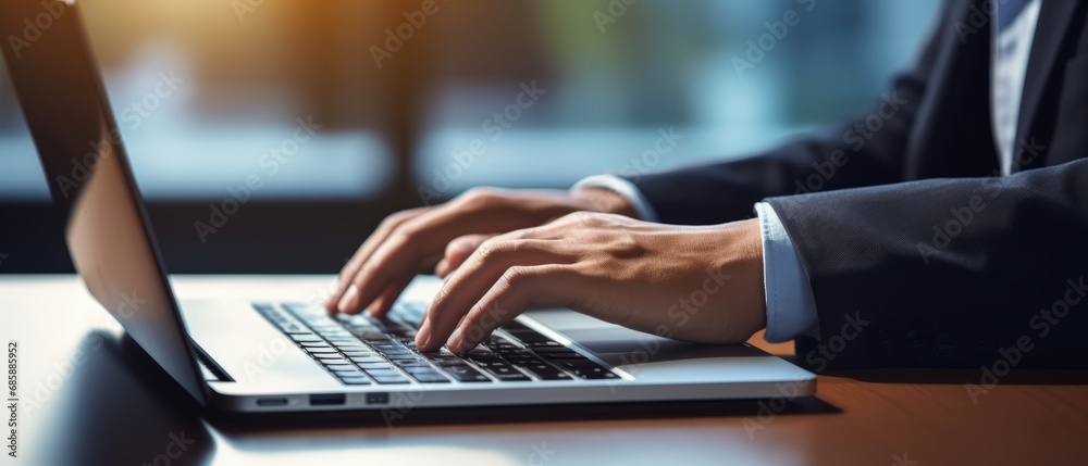 Closeup of Business Woman's Hands Typing on Laptop Keyboard. Productive Workspace