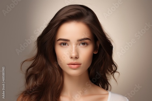 facial image of brunette woman, in the style of organic minimalism