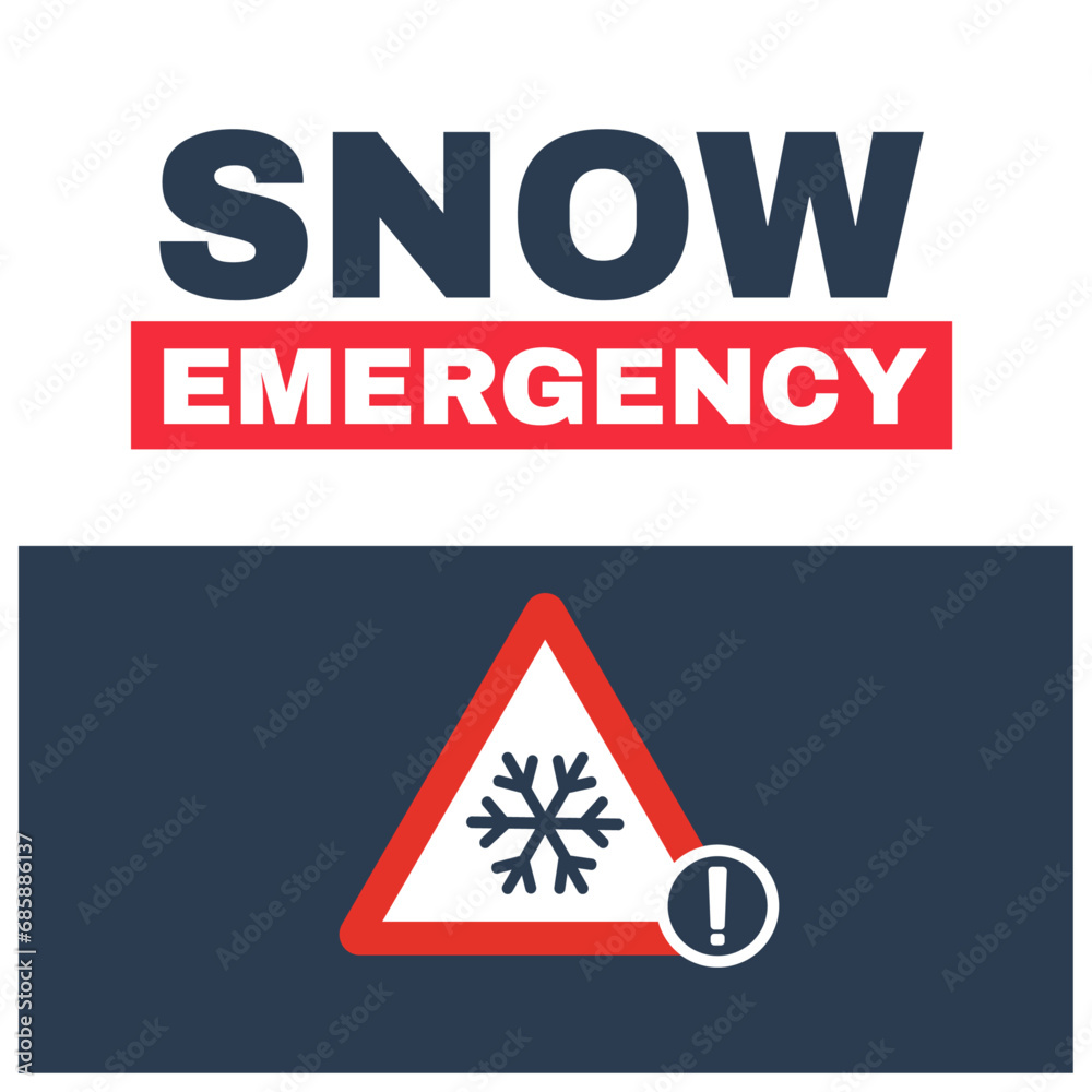 Snow emergency warning sign with exclamation mark. Snow storm forecast