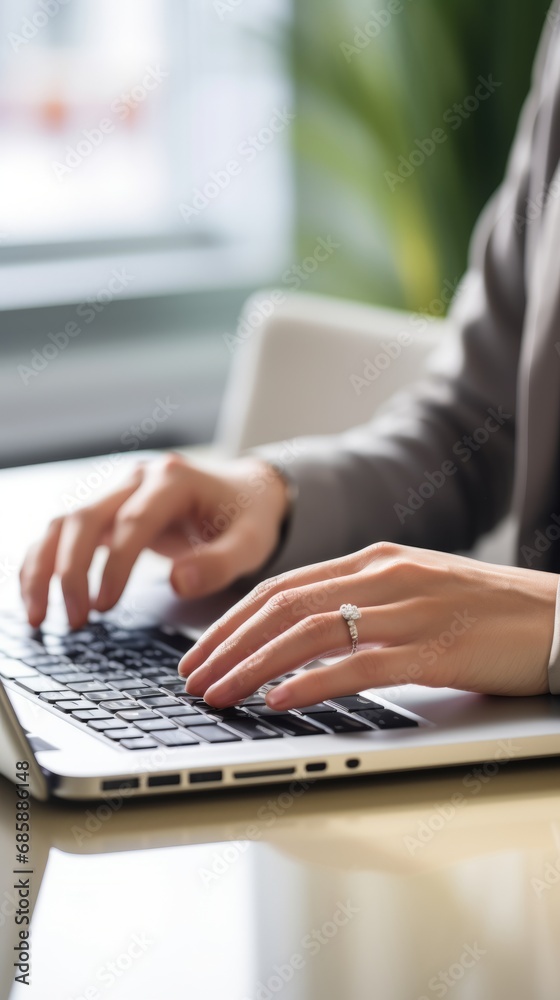 Closeup of Business Woman's Hands Typing on Laptop Keyboard. Productive Workspace Closeup of Business Woman's Hands Typing on Laptop Keyboard. Productive Workspace