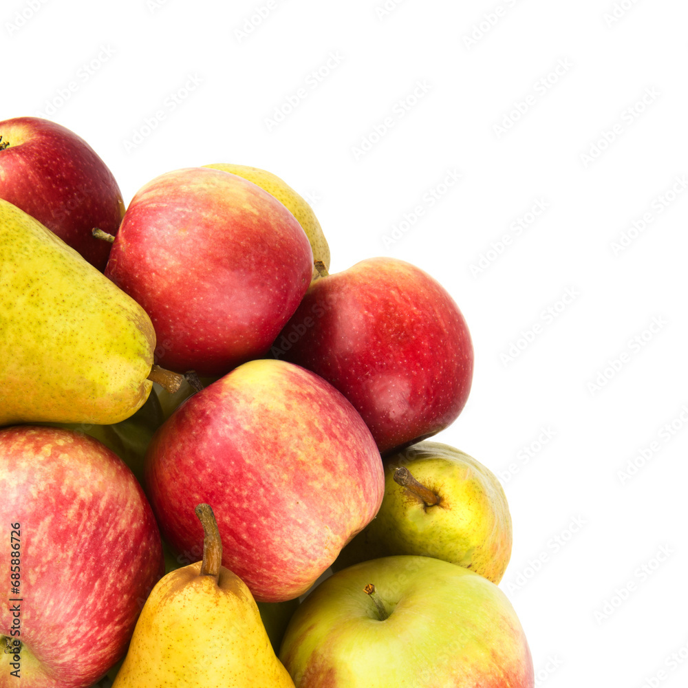 Apples and pears isolated on a white . Free space for text. Apples and pears isolated on a white . Free space for text.