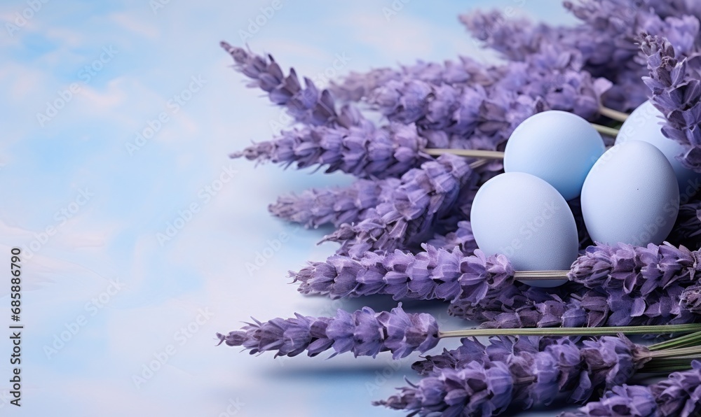 lavender background with blue eggs and lavender,