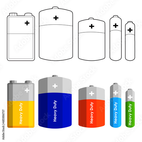 Alkaline Batteries in Sizes AA, AAA, C, D and PP3 Outline and Colour Versions photo