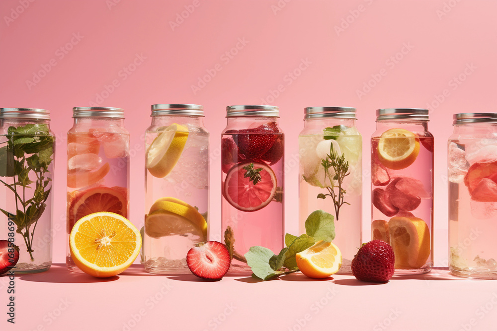 Healthy detox infused water with fruits. Refreshing summer homemade cocktail. - obrazy, fototapety, plakaty 