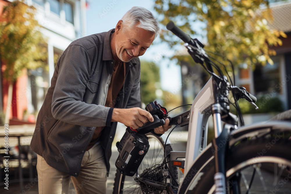 Senior man changing battery on electric bicycle