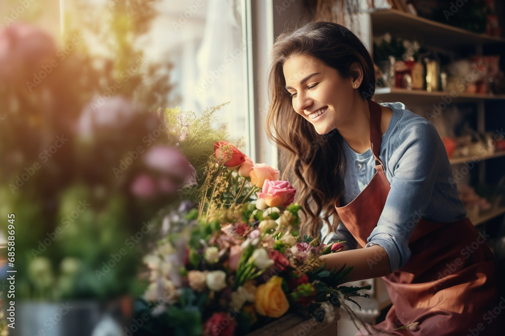 Woman working in plant flower shop 