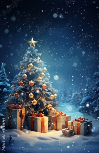 christmas tree with gifts on the ground,