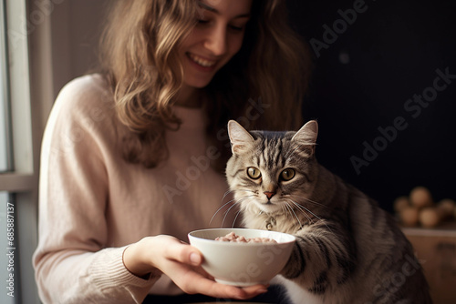 Girl feeding a cat