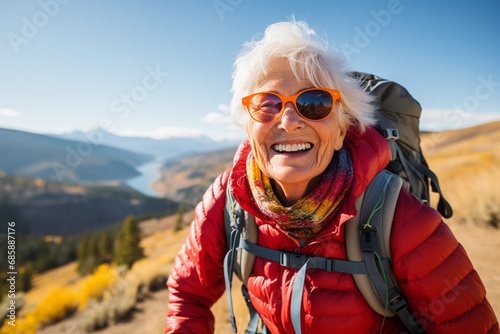 Portrait of a senior woman hiker laughing during her trekking.