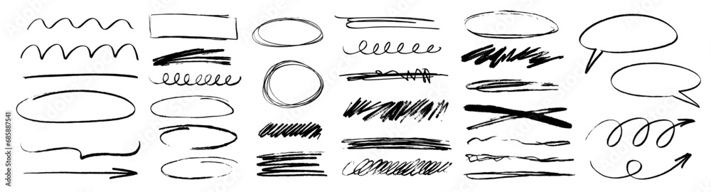 Charcoal scribble stripes, emphasis arrows, handdrawn numbers. Chalk crayon or marker doodle rouge handdrawn scratches. Vector illustration of lines, waves, squiggles in marker sketch style. - obrazy, fototapety, plakaty 