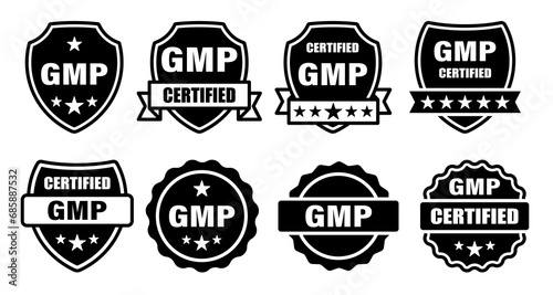 GMP set of round badges. Certified industrial stickers for products with Good Manufacturing Practice tag