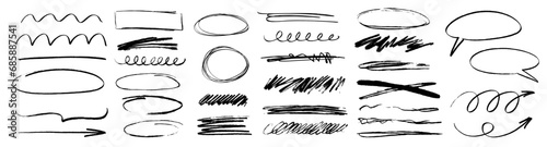 Charcoal scribble stripes, emphasis arrows, handdrawn numbers. Chalk crayon or marker doodle rouge handdrawn scratches. Vector illustration of lines, waves, squiggles in marker sketch style. photo