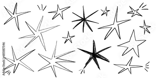 Grunge charcoal scrawl hand drawn stars, rough doodle shapes. Freehand crayon pencil starry elements. Vector illustration, scribble icon for poster, collage, banner.