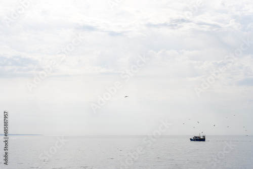 Beautiful Coastal Landscape with Sailing Ship on Horizon
