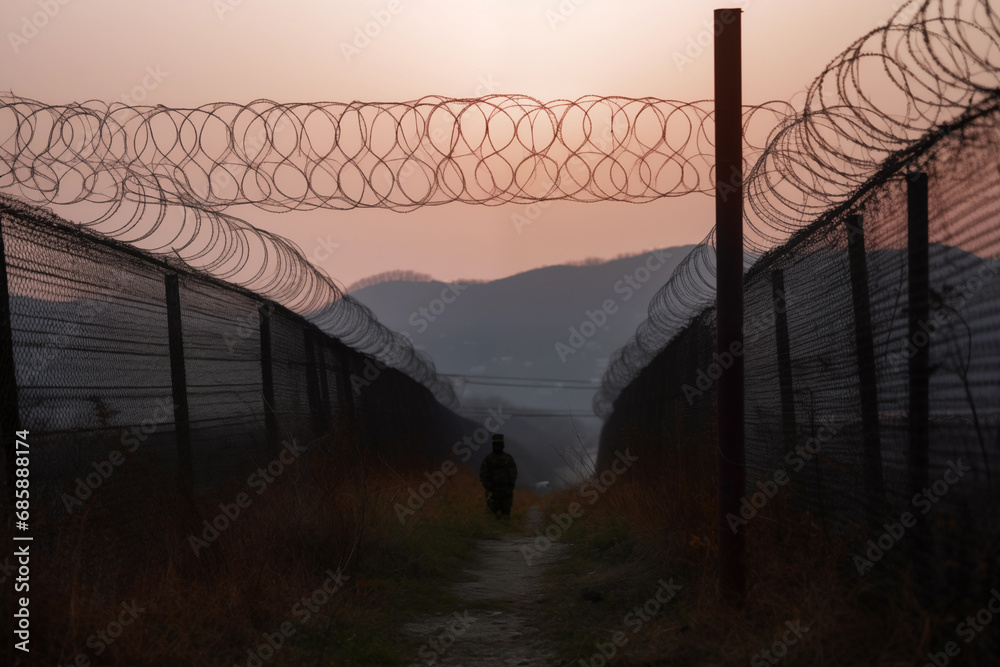 Border crossing in North Korea. Border of South Kore and North Korea. Border control with barbed wire on fence. Border guard, Military man guarding Border. Guard troops and military troop. - obrazy, fototapety, plakaty 