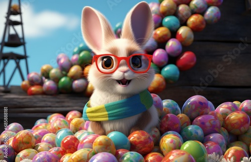 the little bunny is sitting among many coloured eggs,