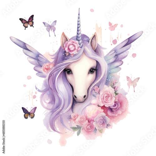 unicorn with diamonds, is surrounded by other watercolor