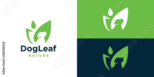 Dog Leaf Logo Design. Creative Eco Dog Logo with Minimalist Style Icon Symbol Vector Illustration.