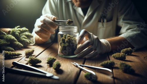 Hands with low CBD medical hemp - placing trimmed weed buds in glass jar