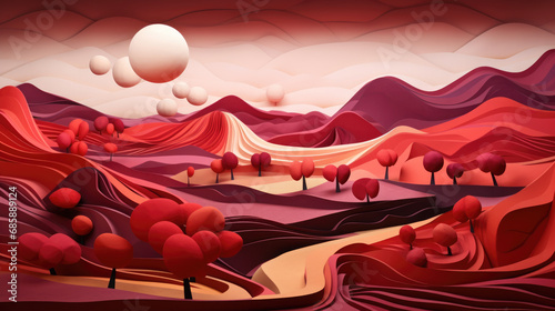 greeting card, crimson abstract landscape in the style of paper sculpture
