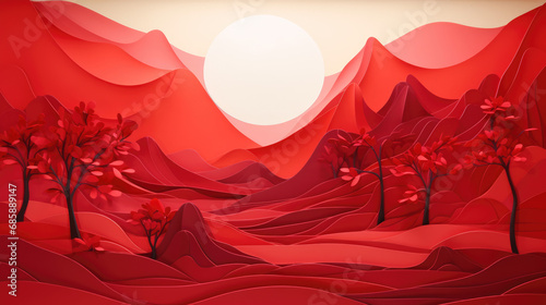 greeting card, crimson abstract landscape in the style of paper sculpture