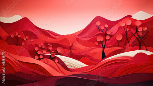 greeting card, crimson abstract landscape in the style of paper sculpture