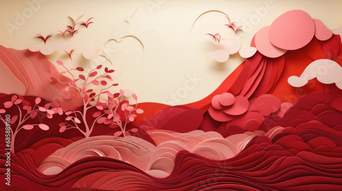 greeting card, crimson abstract landscape in the style of paper sculpture