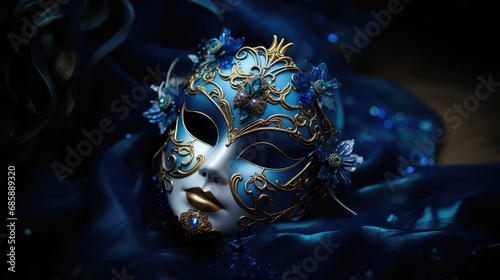 A luxury carnival mask. Abstract blurred background, gold rhinestones, and light effects. Generative Ai
