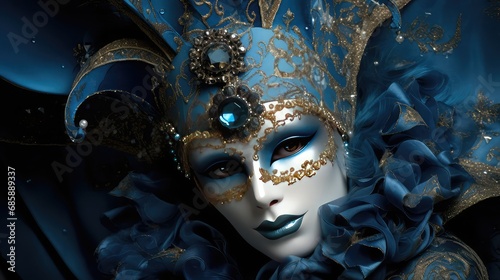 A luxury carnival mask. Abstract blurred background, gold rhinestones, and light effects. Generative Ai