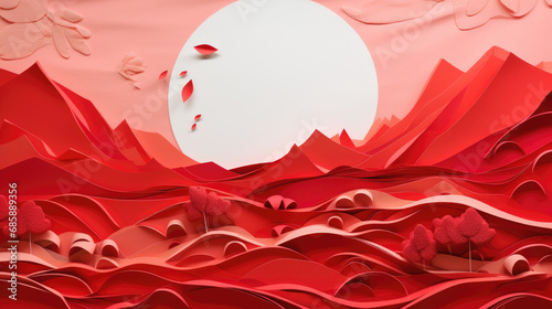 greeting card, crimson abstract landscape in the style of paper sculpture