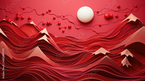 greeting card, crimson abstract landscape in the style of paper sculpture
