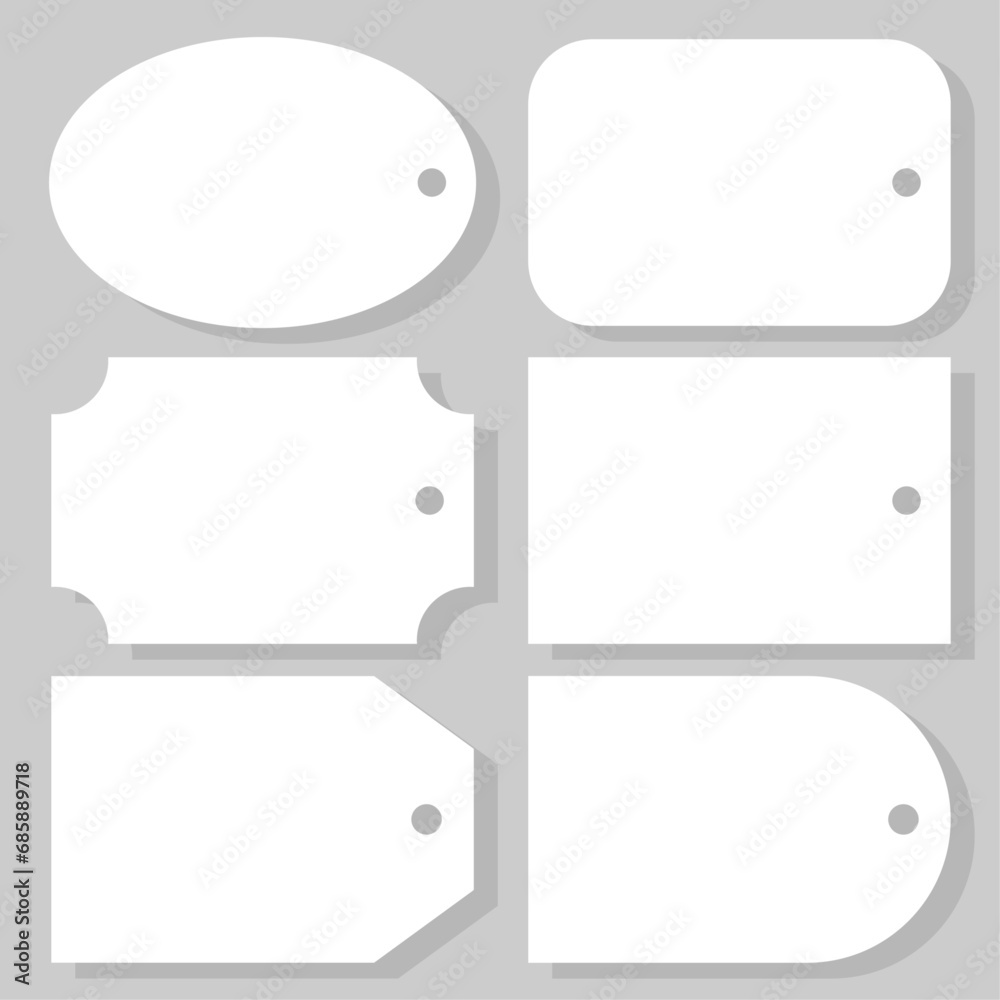 Blank paper tag, label, tally or tab of different forms with a hole to tie it up and leave note, mark or message for gift box. Templates of empty white stickers or badges for discount information. - obrazy, fototapety, plakaty 