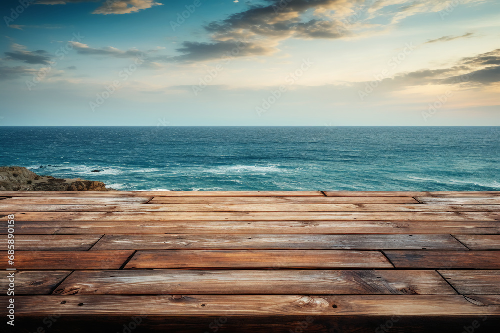 An empty wooden table with the ocean behind it. AI generative