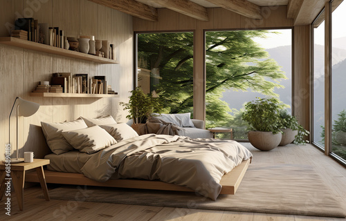 habitación con decoración moderna en madera clara con cama, mesita, jarrón con planta, librería y gran ventanal con vistas al bosque photo