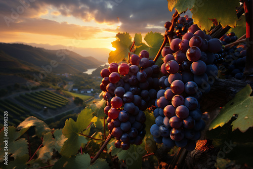 Purple grapes hanging on vines with green leaves on a mountain overlooking a cultivated valley. Sunset with orange clouds.
