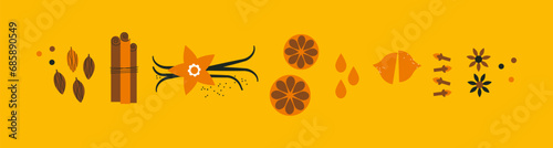 Spices abstract vector collection. Cardamom, star anise, cinnamon stick, vanilla, cloves. Horizontal banner with spices. Spices for baking. Cooking and mulled wine ingredients. Spices shop logo.