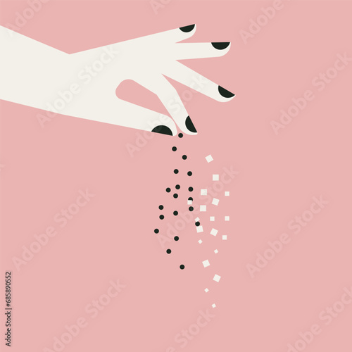 Hand sprinkle. Sprinkling hand gesture. Adding condiment, salt, pepper, spice pinch to food. Salting. Cooking. Baking. Flat trendy abstract style. Vector illustration. For recipes, menu, cafe, decor.