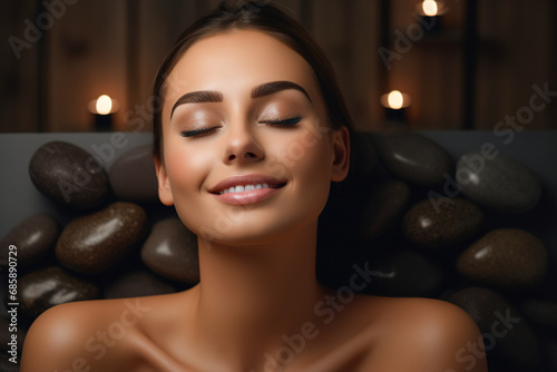A woman enjoys a beauty treatment with spa stones.