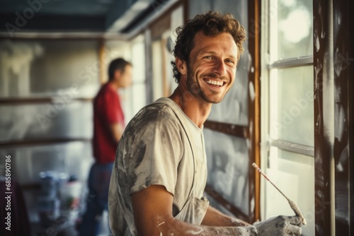 Portrait of a young smiling painter refurbishing home photo