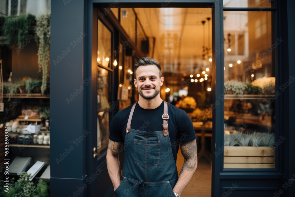 Portrait of a businessman small business owner standing in front of his establishment Portrait of a businessman small business owner standing in front of his establishment