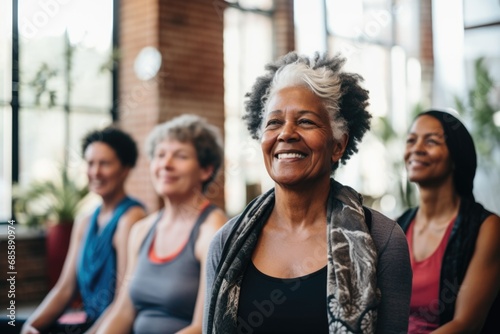 Group of diverse senior women in yoga class
